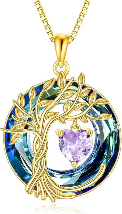 POPLYKE Mothers Day Gifts for Mom Her Wife Tree of Life Necklace 925 Sterling Silver Birthstone Pendant with Crystal Anniversary Birthday Wedding Jewelry for Women
