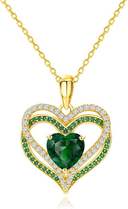 Anniversary Charm Necklace, Sterling Silver 14K Gold Plated Chain with Interlocking Heart Pendant Elegant Birthstone Necklaces for Women, Length 18"