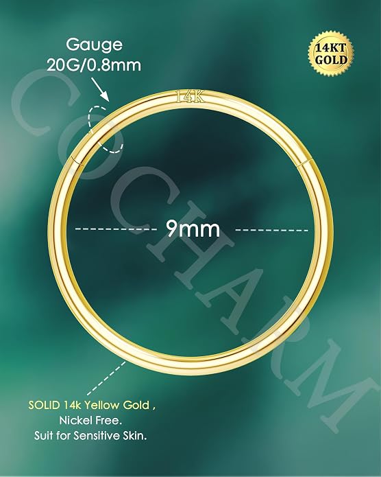 COCHARM 14K Solid Gold 18g/16g Nose Rings 16G Septum Rings Yellow Gold Tragus Helix Cartilage Conch Earring Hoops 18 Gauge Piercing Hoop