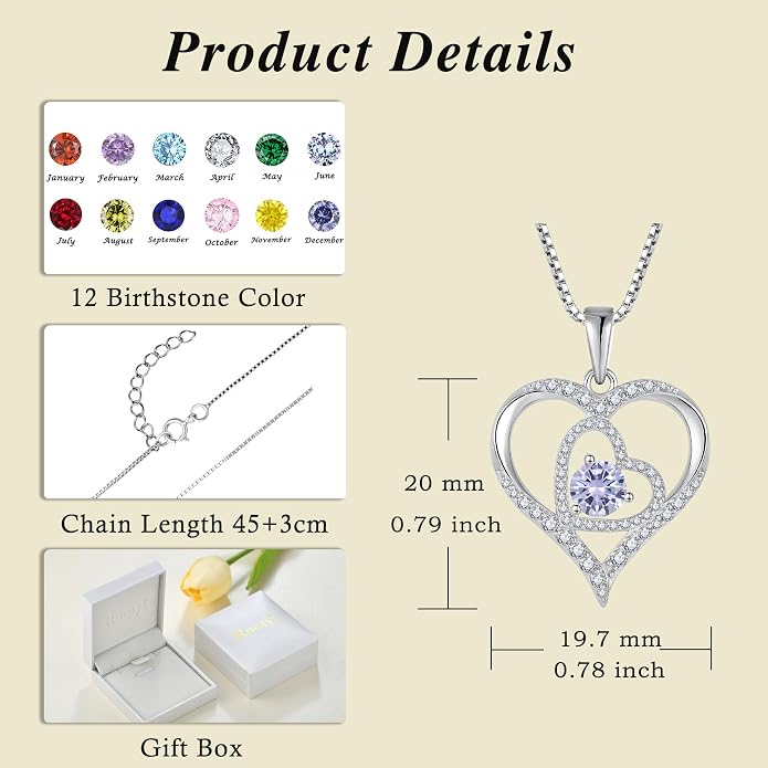 Love Heart Necklace for Women 925 Sterling Silver Birthstone Pendant Necklace Dainty Jewelry for Women Wife Mother Christmas Birthday Mother's Day Gift