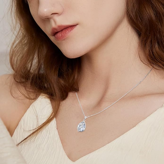 925 Sterling Silver Birth Flower Necklace with Teardrop Shaped Birthstone - 12 Colors, 12 Kinds of Flower - Ideal Birthday Jewelry Gift for Women, Mothers, Daughters & Wives