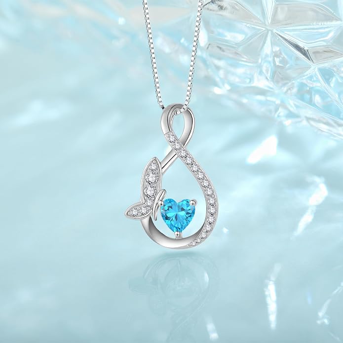Infinity Butterfly Necklace for Women 925 Sterling Silver Heart Birthstone Created Gemstone Pendant Jewelry Gifts for Women Her