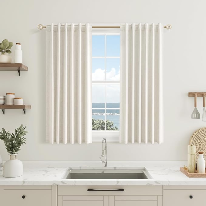 Guken 100% Blackout Linen Short Curtains for Bedroom 45 Inches Long Natural Cream Black Out Curtain Back Tab Thermal Insulated Room Darkening Window Drapes for Living Room 2 Panels Beige Ivory 40x45