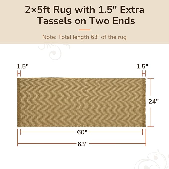2x5 Washable Boho Runner Area Rug with Tassels for Living Room Yellow Beige | Vacuum Friendly, Machine Washable, Non-Slip Rug, Modern Farmhouse Neutral Decor Carpet, Bathroom Bedroom Kitchen Hallway