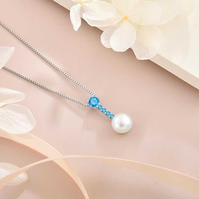 Pearl Necklace for Women, 925 Sterling Silver Dainty Round Freshwater Pearl with 5A Zircon Pendant Ideal Birthstone Jewelry Gifts for Her