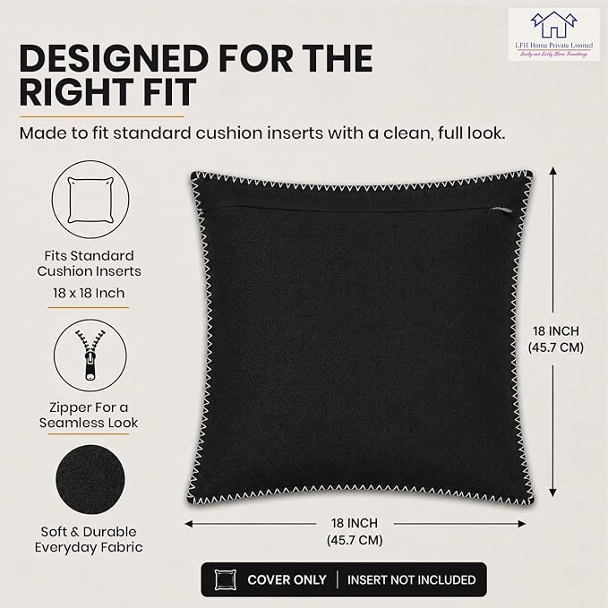 LFH Home Black Cotton Rich Throw Pillow Covers 18x18 Set of 2, Decorative Cushion Covers with Blanket Stitch Edge, Farmhouse Accent Pillow Cases for Sofa Couch Bed Living Room, 18 x 18 Inch