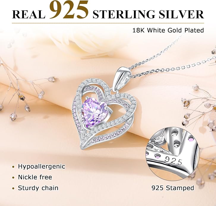 Anniversary Charm Necklace, Sterling Silver 14K Gold Plated Chain with Interlocking Heart Pendant Elegant Birthstone Necklaces for Women, Length 18"
