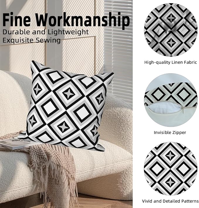 Black White Throw Pillow Cover 22"x22" Set of 4, Modern Minimalist Geometric Irregular Stripes Cushion Cover for Sofa Chair Couch Bed Office Garden Patio Farmhouse Indoor Outdoor