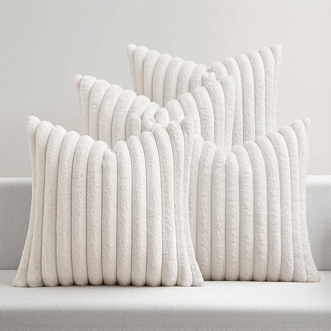 MIULEE Faux Fur Plush Decorative Throw Pillow Covers 20x20 Set of 4, Modern Soft Fuzzy Striped Cushion Covers for Spring Sofa Couch Bed Living Room Cozy Home Decor,Pure White
