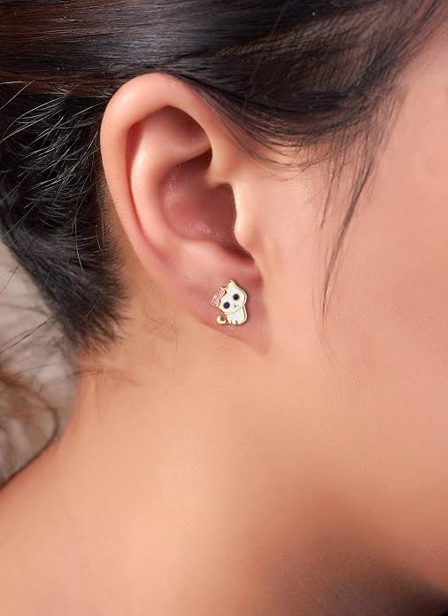18k Gold Plated Screw Back Kitten Stud Hypoallergenic Earrings for Kids, Baby, Toddler, Little Girls with Surgical Steel Post for Ultra Sensitive Ears with Secure Safety Screwback