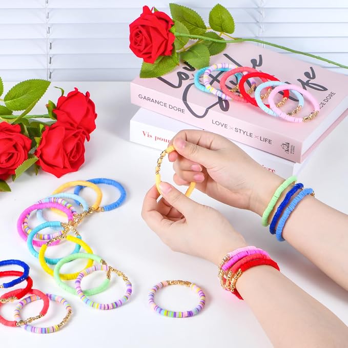 96 Pcs Colorful Friendship Heart Bracelets, Cute Clay Beads Bracelet Bulk Colorful Heart Friendship Surfer Bracelets for Women Stackable Bohemian Summer Beach Party, Valentine's Day, Birthday Gifts
