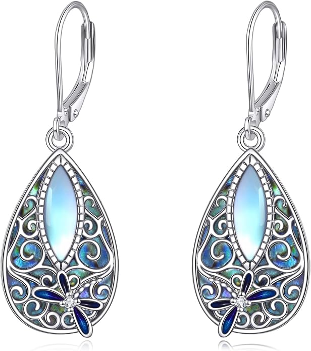 MONGAS Dragonfly Filigree Earrings Sterling Silver Moonstone Teardrop Abalone Drop Dangle Earrings Filigree Leverback Dragonfly Jewelry Gifts for Women
