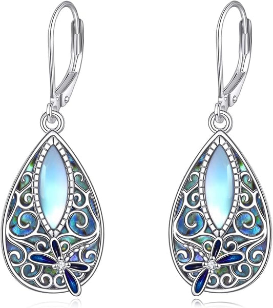 MONGAS Dragonfly Filigree Earrings Sterling Silver Moonstone Teardrop Abalone Drop Dangle Earrings Filigree Leverback Dragonfly Jewelry Gifts for Women