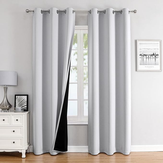 ChrisDowa 100% Blackout Curtains for Bedroom 72 Inches Long 2 Panels Set | 2 Thick Layers, Thermal Insulated, Light Blocking, Grommet, Window Treatment, Living Room Drapes, Greyish White, 42 x 72 Inch