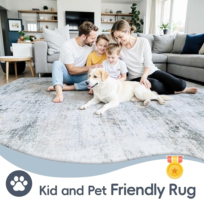 10x12 Area Rugs Washable Rug: Anti-Skid Abstract Modern Living Room Rug Soft Thin Carpets Indoor Floor Non-Shedding Carpet for Bedroom Dining Nursery Home Office (Blue/Grey/Gold/White,10'x12')