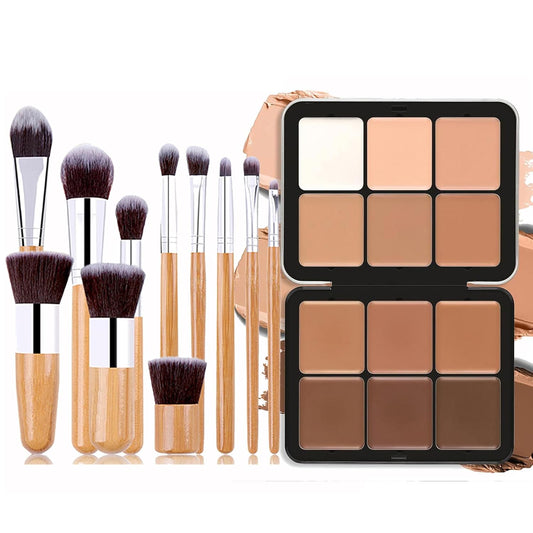Cream Concealer Contour Palette, 12 Colors Foundation Palette Cream Makeup Palette with 11 Pcs Makeup Brush Set, Long Wearing Blendable Full Coverage