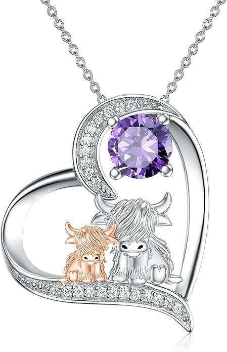 Highland Cow Gifts for Women 925 Sterling Silver Highland Cow Birthstone Necklace Fluffy Cow Jewelry Gifts Birthday Christmas