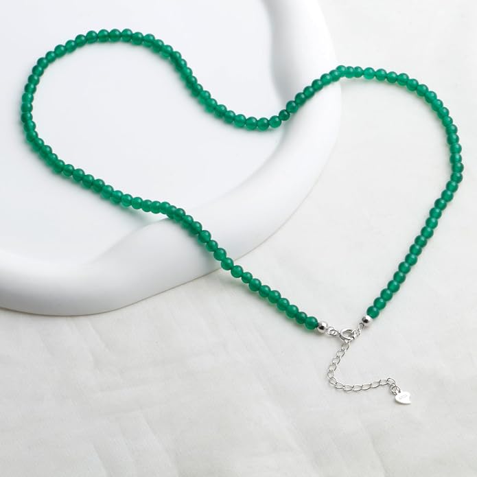 Kakikaki Natural Agate Choker Necklace Sterling Silver Round Beads Strand Necklace for Women