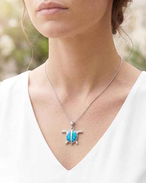 Created Blue Opal Ocean Necklace for Women, 925 Sterling Silver Pendant, 18 Inch Chain, Beach and Sea Life Jewelry Collection