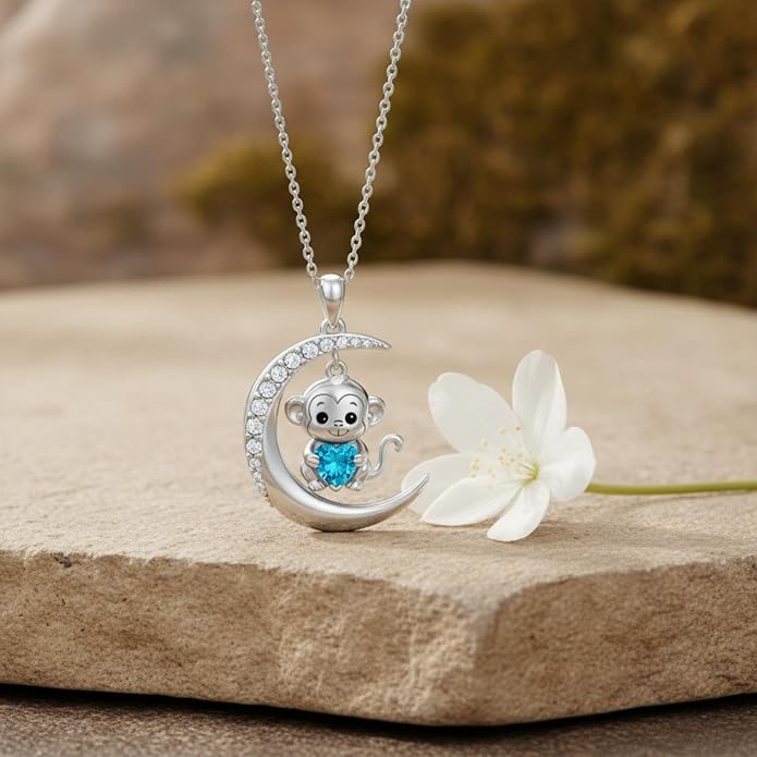 PROESS Animal Birthstone Necklace 925 Sterling Silver Otter/Axolotl/Hippo/Elephant/Dachshund/Monkey/Red Panda Pendant Necklace Animal Birthstone Jewelry Gifts for Women