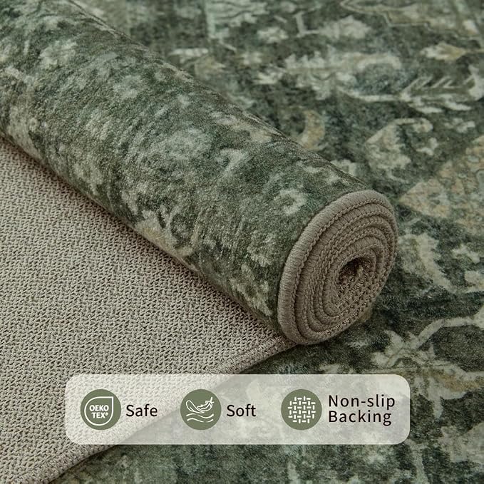 Rugxara Green 8x10 Area Rugs for Living Room Bedroom Large Washable Rug | Non Slip, Rug for Dining Room Bedroom Office Kids Room, Stain Resistant, Soft, Low Pile, Vintage Boho Retro Carpet,Home Decor