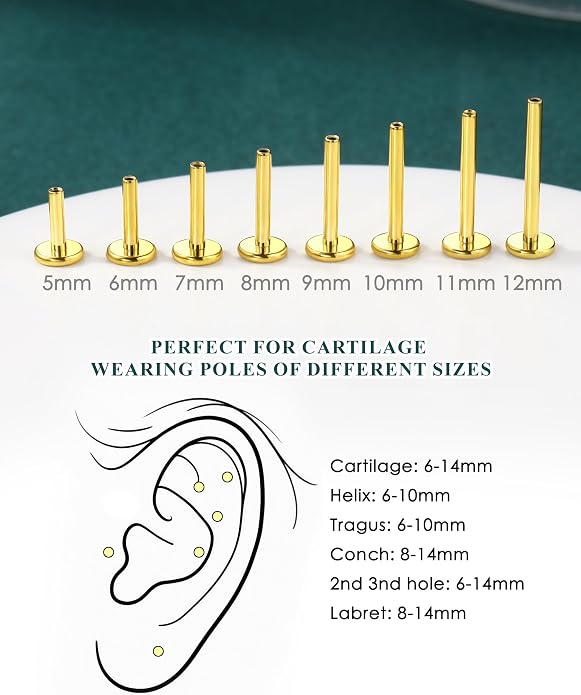 COCHARM 14K Solid Gold Helix Cartilage Tragus Earring Stud 16g Yellow Gold Threadless Tragus Cartilage Helix Conch Piercing Jewelry Flat Back Lip Labret Medusa Monroe Piercing Stud