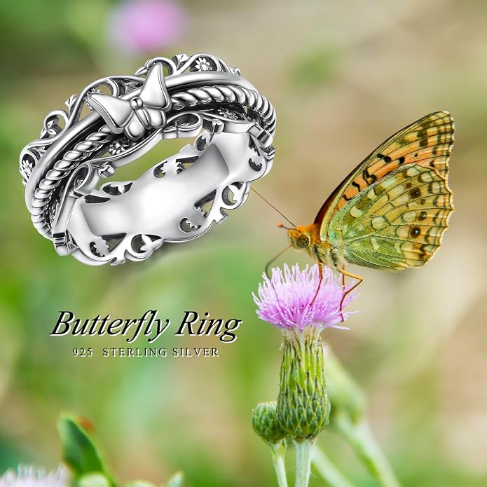 Cross/Butterfly/Evil Eye/Tree of Life/Celtic Knot/Sunflower/Lotus Spinner Ring 925 Sterling Silver Fidget Rings for Anxiety Stress Relieving ADHD Autism Rings Jewelry Gift for Women