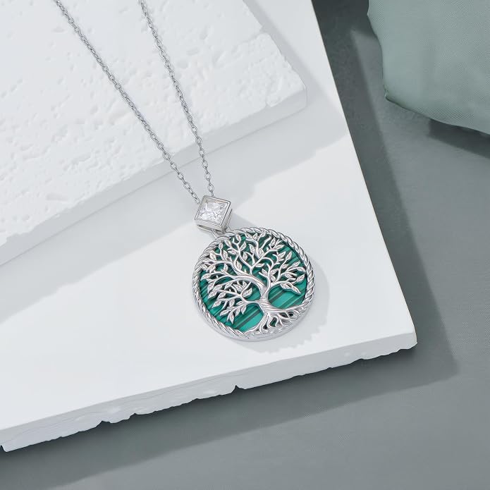 Tree of Life Moissanite Necklace, 925 Sterling Silver 0.5 Carat Moissanite Abalone Shell/Opal/Black Onyx/Turquoise/Malachite/Tiger Eye Stone Tree of Life Pendant Necklaces Jewelry Gift for Women Mom