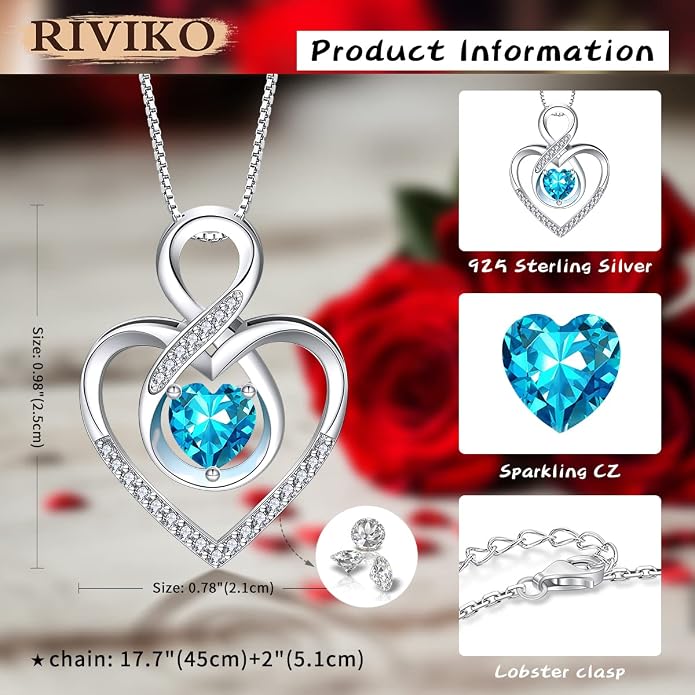RIVIKO Infinity Heart Symbol Necklace for Women 925 Sterling Silver Love Heart Pendant Mothers Day Anniversary Birthday Christmas Jewelry Gifts for Women Mom Wife Sister Her Friends
