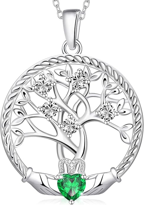 Birthstone Tree of Life Necklace for Women, 925 Sterling Silver Family Tree Pendant, Dainty Jewelry Birthday Mother's Day Valentine's Day Gifts for Her Mom Wife, 18"+2" Adjustable
