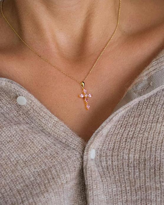 14K Gold Plated 925 Sterling Silver Birthstone Cross Necklace for Women Men