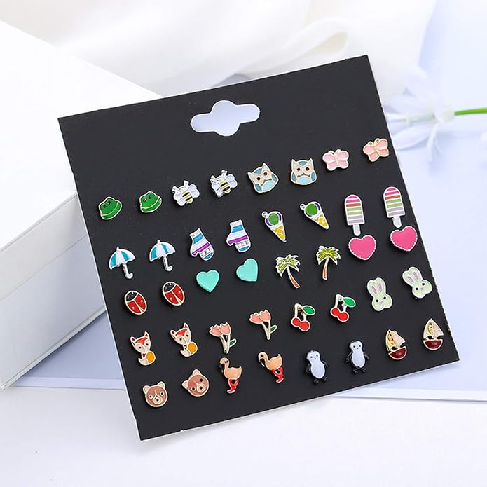 NEWITIN 100 Pairs Colorful Cute Earrings for Girls Sensitive Ears Hypoallergenic Girl Stud Earrings Set Stainless Steel Cartoon Stud for Girls and Women
