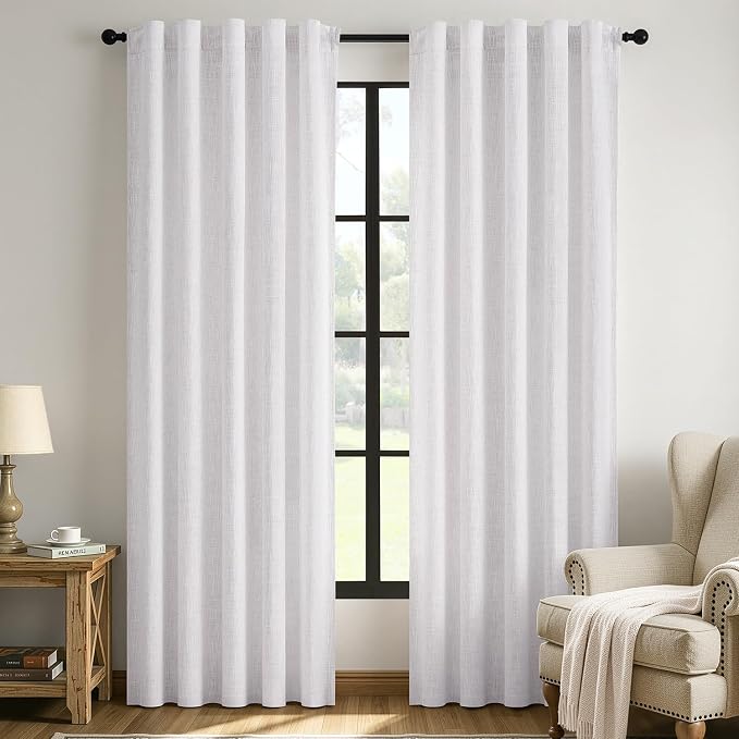 MIULEE Thick Linen White Curtains, 42Wx72L, Semi Sheer Linen Textured | Light Filtering Window Privacy Drapes with Back Tab Rod Pocket for Farmhouse/Living Room/Bedroom, Set of 2