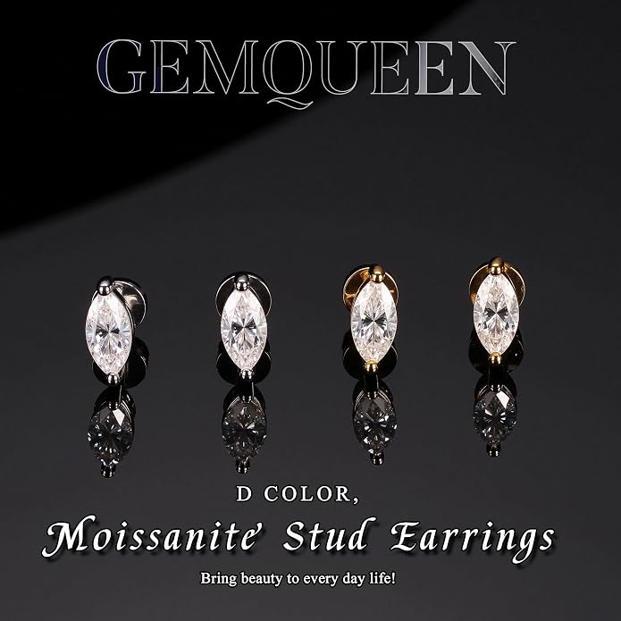 GEMQUEEN Moissanite Earrings Studs Flat Back Earrings Hypoallergenic - 14K Gold Plated Sterling Silver Earring for Women Men Small Dainty Cartilage Helix Piercing Jewelry D Color VVS1