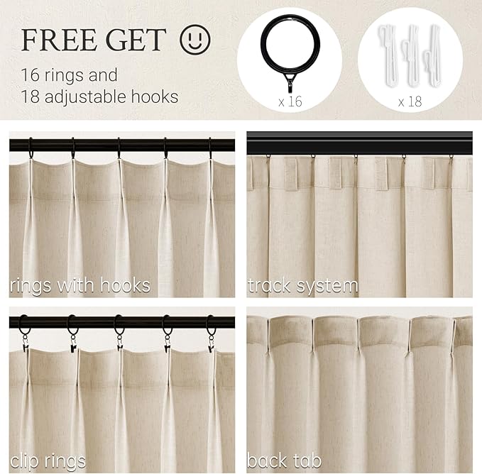 72 Inches Long Pinch Pleated Semi Sheer Curtains,Beige Linen Blended Light Filtering Window Curtains 72 Length 2 Panels for Living Room Bedroom Pinch Pleat Drapes with Hooks 2 Panels 40" Wx72 L