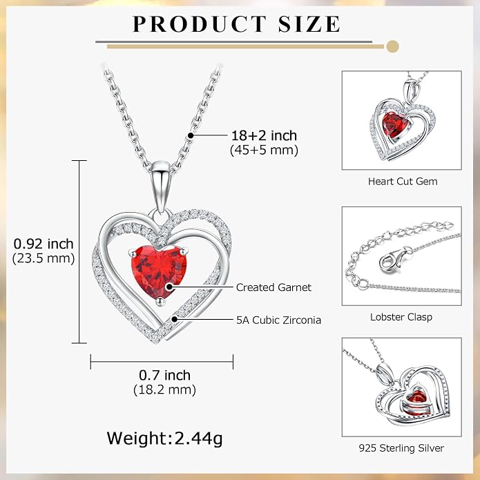 Anniversary Charm Necklace, Sterling Silver 14K Gold Plated Chain with Interlocking Heart Pendant Elegant Birthstone Necklaces for Women, Length 18"