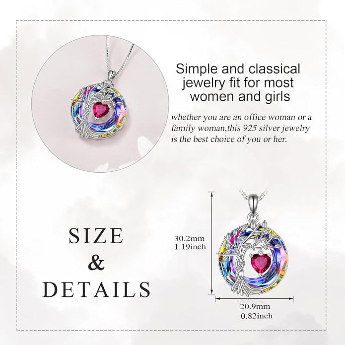 POPLYKE Mothers Day Gifts for Mom Her Wife Tree of Life Necklace 925 Sterling Silver Birthstone Pendant with Crystal Anniversary Birthday Wedding Jewelry for Women