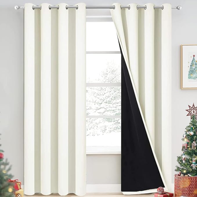 Yakamok Cream 100% Blackout Curtains 90 Inches Long for Bedroom 52" Wide | Blackout Curtain Panels for Bedroom, 2 Thick Layers Grommet Top Thermal Insulated Drapes with Black Liner for Living Room