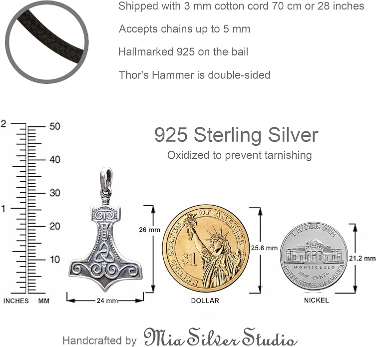 925 Sterling Silver Thor's Hammer Necklace Handmade Replica - Mjolnir Pendant Necklace with Triquetra - Celtic Norse Nordic Viking Jewelry for Men Women