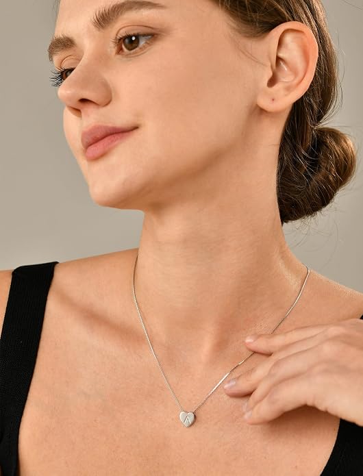 YL Initial Necklace 925 Sterling Silver Heart Letter Pendant A-Z Alphabet Cubic Zirconia Jewelry for Women