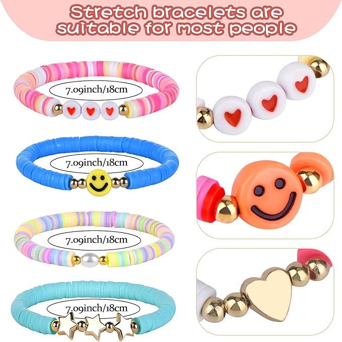 100 Pcs Friendship Bracelets for Women Bead Colorful Surfer Heishi Bracelet Set , Cute Clay Beaded Bulk Bracelets Stretch bracelets Clay for Women Stackable Bohemian Summer Beach Party, Graduation Party Favors, Birthday Gifts