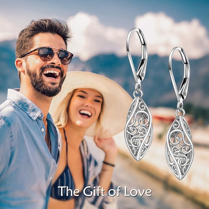 925 Sterling Silver Leverback Earrings Vintage Filigree Dangle Drop Earrings Jewelry Birthday Gifts for Women