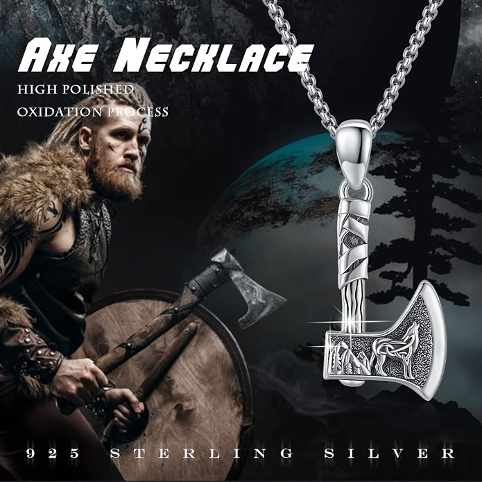 MEDWISE Viking Axe Pendant Necklace Celtic Wolf S925 Sterling Silver Celtic Norse Talisman Viking Rune Viking Jewelry Axe Warrior Hatchet Axe Amulet Necklace for Men Women