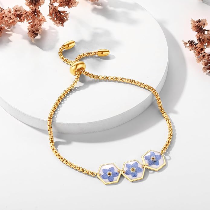 AUNTESIGN Forget-Me-Not Pressed Wildflower Bracelet | Pressed Flower Bracelet | Gold/Silver Pressed Flower Jewelry | Personalized Handmade Jewelry | Gift For Women