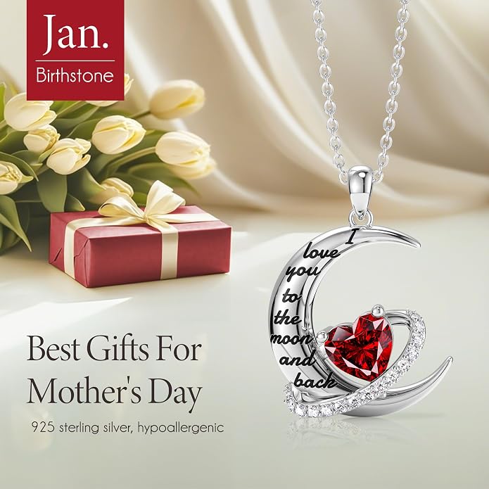 Distance I Love You to The Moon and Back Necklace for Women, S925 Sterling Silver Forever Love Heart Birthstone Necklace, Anniversary Birthday Jewelry for Wife Lover
