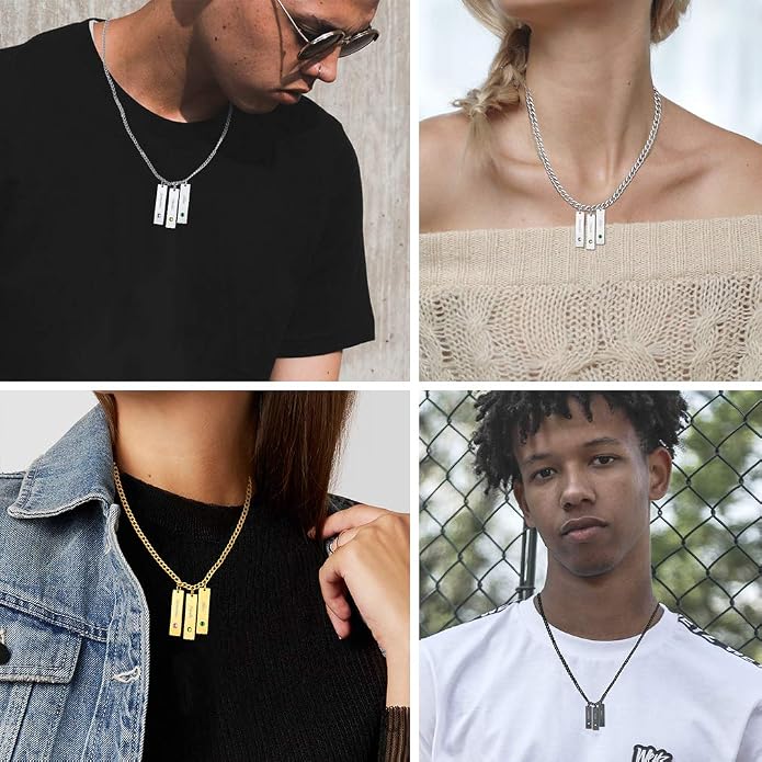 Custom4U Personalized Birthstone Bar Necklaces for Women, Custom Handmade Silver/Black/Gold Vertical Bar Pendants with 1-3 Names Engraved,Unique Memorial Necklace for Her