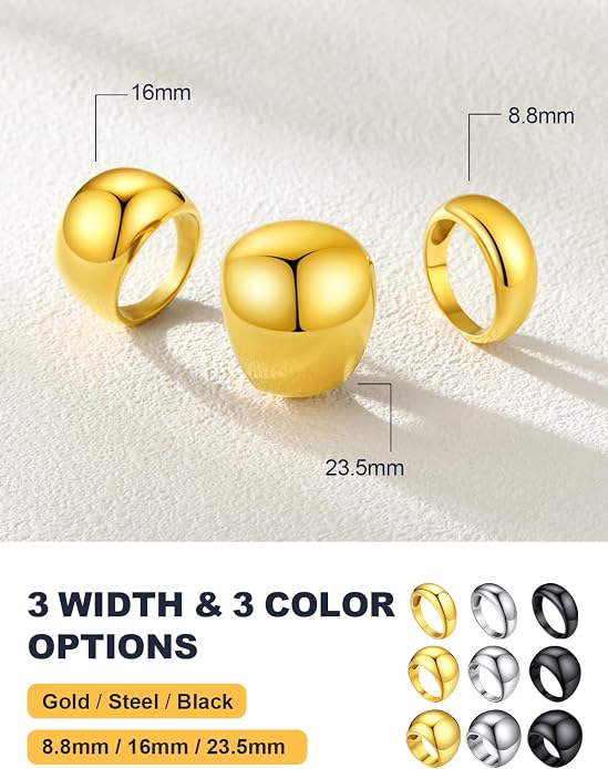 U7 Chunky Gold Dome Rings for Women, Stainless Steel/18KGold Plated/Black Statement Ring Non Tarnish Women Rings, Size 7-12