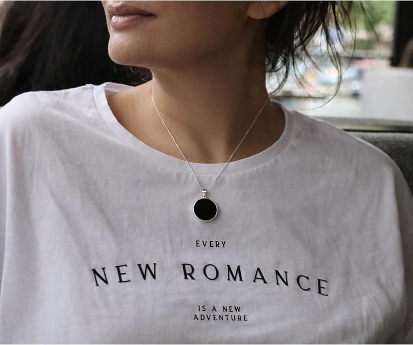 Sterling Silver 925 Black Onyx Flat Round Handmade Pendant Necklace for Women & Men - Unisex