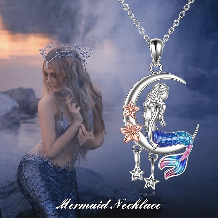 LUHE Mermaid Necklace Jewelry Gifts Sterling Silver Sea Mermaid Crescent Moon and Star Necklace with Flower Pendant Birthday Gifts for Daughter Women