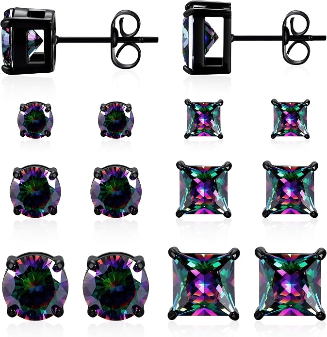 MDFUN 6 Pairs Stud Earrings Set 3mm/5mm/7mm Princess & Round Cubic Zirconia Earrings Hypoallergenic 316L Surgical Stainless Steel CZ Earrings for Women Men